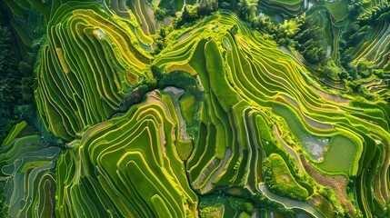 Top view or aerial shot of fresh green and yellow fields