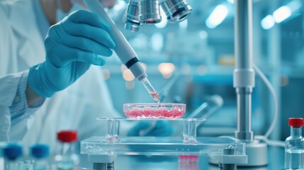 Fototapeta premium A scientist in a lab coat and gloves uses a pipette to transfer liquid into a petri dish. The image shows a lab setting with equipment and various vials.