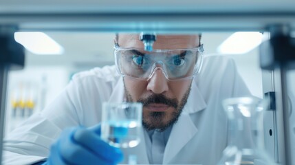 Fototapeta premium A scientist in a lab coat and safety glasses looks intently at a chemical solution in a beaker.