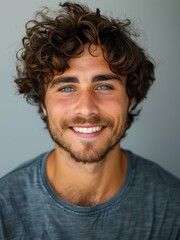 Fototapeta premium man, lite smile front portrait, curly hair, light gray white gradient background