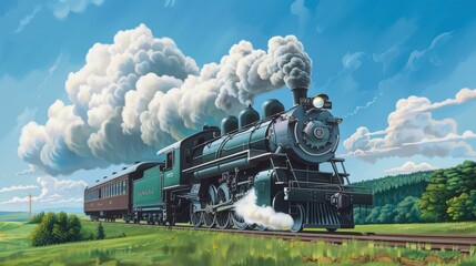 Obraz premium A vintage steam locomotive chugs through a lush green field under a bright blue sky. Puffs of smoke billow from the engine as it travels toward the horizon.