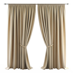 Beige curtains with drape holders isolated on white transparent background, cut out png element.