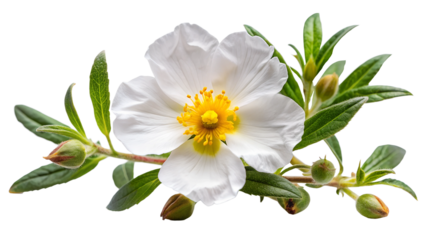 Cistus ladanifer flower plant isolated on on white transparent background, cut out png element. Cistus ladaniferus white flower
