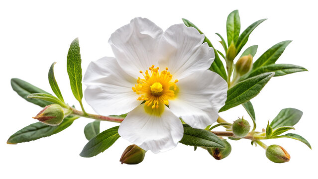 Cistus ladanifer flower plant isolated on on white transparent background, cut out png element. Cistus ladaniferus white flower