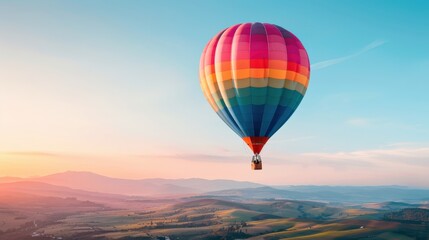 Colorful hot air balloon soaring through a vibrant sky above rolling hills at sunset.