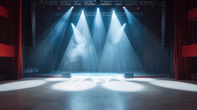 Empty stage with spotlights illuminating the floor.  Ready for a performance.