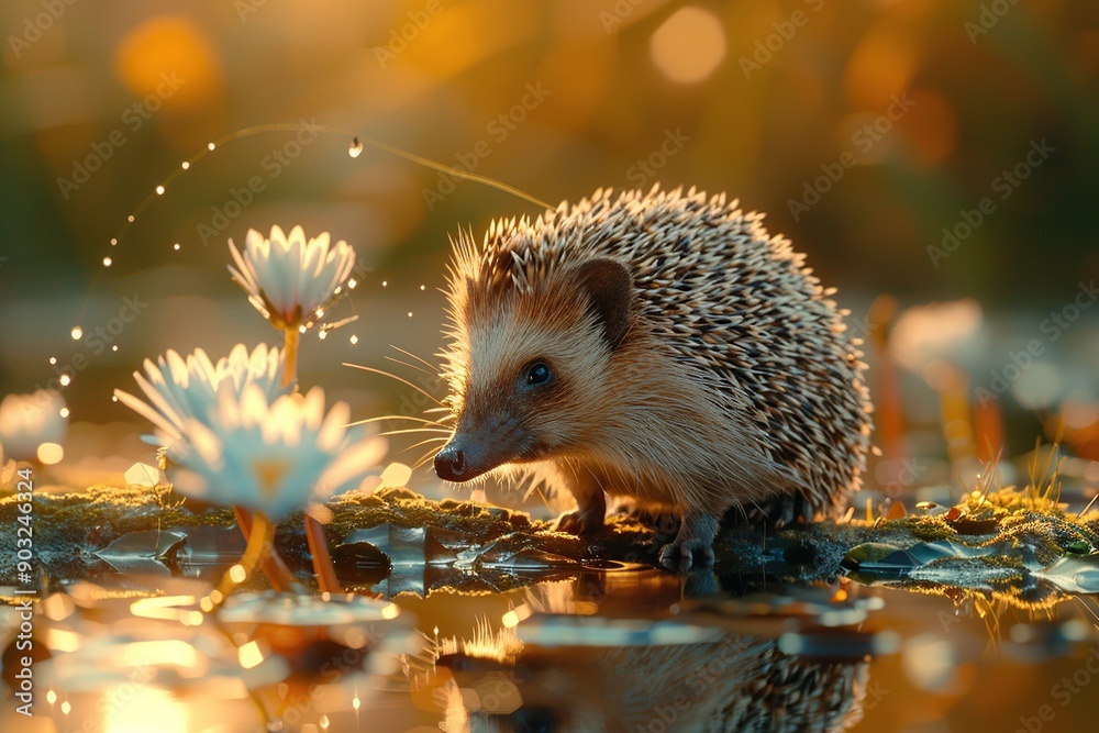 Poster Hedgehog by the Pond at Sunset