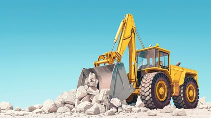 Obraz premium Yellow excavator with a large bucket scooping up rocks on a construction site.