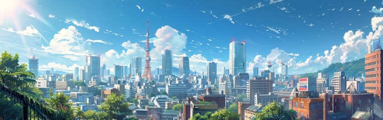 Bright Anime Cityscape on a Sunny Day