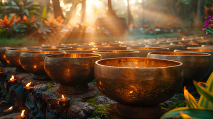 Row of empty bowls lined up neatly on a table.