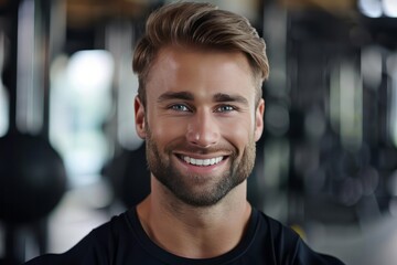 Obraz premium A fit muscular male personal trainer smiling at the camera in a gym, close up