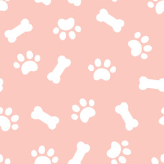 Cute seamless pattern with pet paw and bone. Vector illustration on pink background. It can be used for wallpapers, wrapping, cards, patterns for clothes and other.