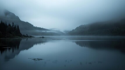Obraz premium Misty Mountain Lake: A Serene Landscape of Tranquility