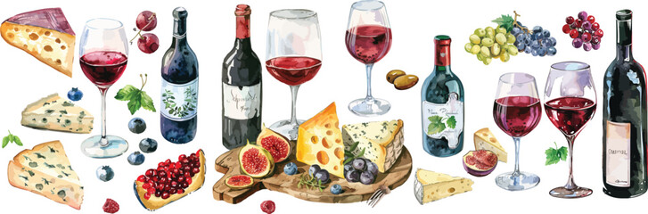 wine and cheese watercolor clipart