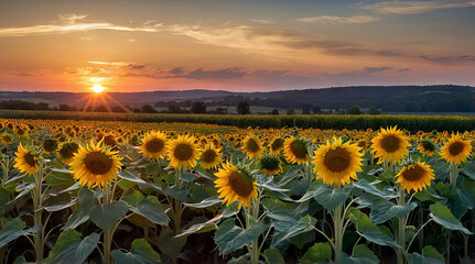 Obraz premium a field of sunflowers with the sun setting in the back