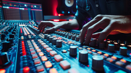 Professional audio engineer mixes sound on a high quality soundb