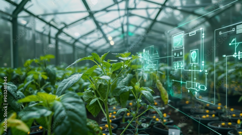 Aufkleber a close-up view of a thriving plant in a greenhouse with a digital interface overlay showing automat