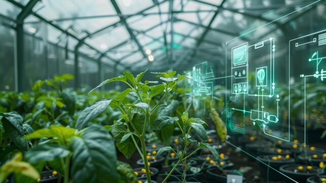 A close-up view of a thriving plant in a greenhouse with a digital interface overlay showing automated environmental controls. - Powered by Adobe
