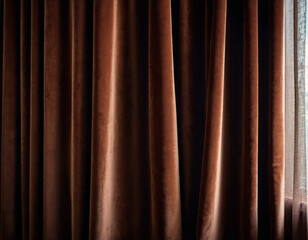 Curtain with soft smooth flowing folds. Deep brown color and luxurious texture create a dramatic and elegant atmosphere. Decoration and interior design. Expensive curtain made of rich fabric. AI