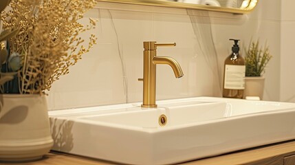 A gold faucet adorns a sleek rectangular sink in a bathroom The elegant plumbing fixture enhances the overall aesthetic of the space