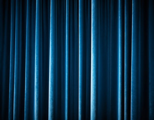 Curtain with soft smooth flowing folds. Deep blue color and luxurious texture create a dramatic and elegant atmosphere. Decoration and interior design. Expensive curtain made of rich fabric. AI