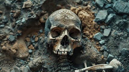 Skeleton human bones Archaeological excavation of dead person graveyard