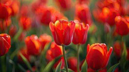 Fototapeta premium Red flower of tulip sort Red Princess Hybrids of tulips a beautiful spring bulbs Growing bulbous flowers in the garden