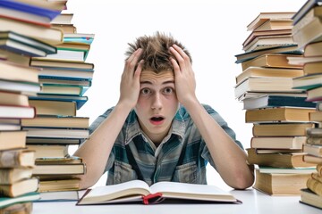 Stressed student overwhelmed by studying with stacks of books in library for school, college, education concepts