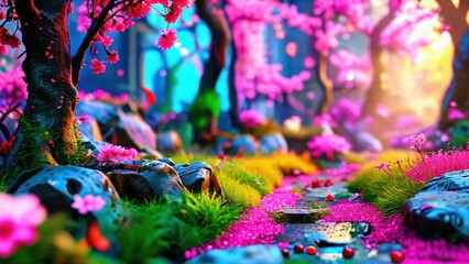 Magical Pink Flower Forest Path.