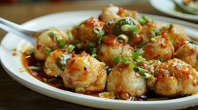 Stir Fried Spicy Fish Balls Spicy stir fry clown featherback fishball in a plate