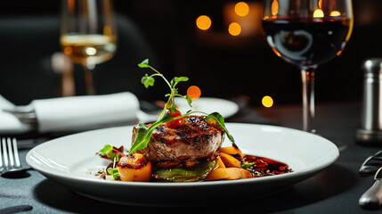 gourmet luxury food plate and red wine at high-end restaurant
