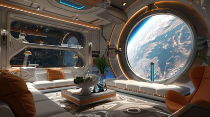 Futuristic Spaceship Lounge with Earth View