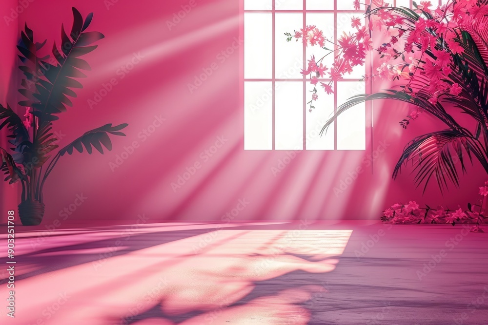Wall mural abstract pink studio background with window shadows and foliage.