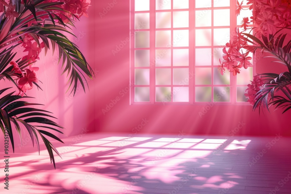 Wall mural pink gradient studio background with window shadows and palm leaves.