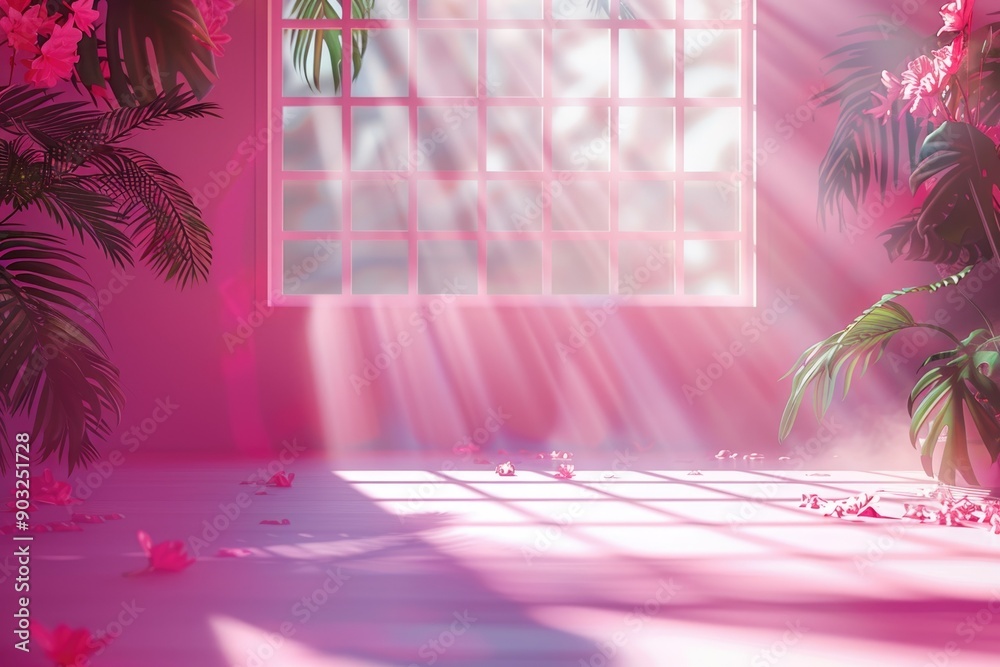 Wall mural pink gradient studio background with window shadows and palm leaves.