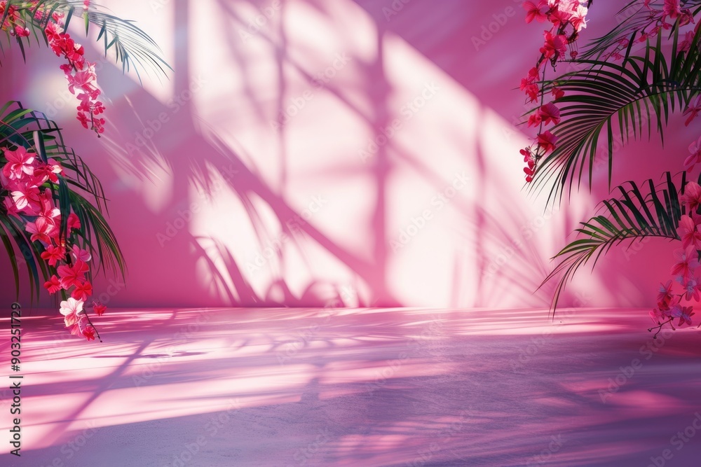 Wall mural pink gradient studio background with window shadows and palm leaves.