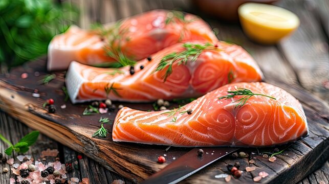 Raw salmon steaks with green herbs on wooden table with knife Red omega fish steaks for healthy omega diet