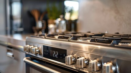 A closeup view of a modern stainless steel stovetop with black burners and silver knobs
