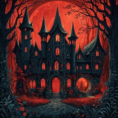 Enchanting Gothic Manor in a Red Forest.