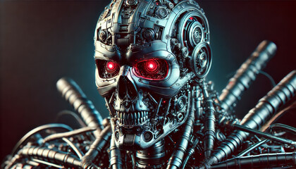A Cyborg Terminator Head featuring Glowing Red Eyes and intricat