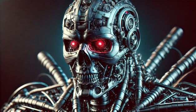 A Cyborg Terminator Head featuring Glowing Red Eyes and intricat - Powered by Adobe