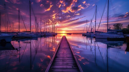 Fototapeta premium Wooden Dock Leading to Boats at Sunset with Colorful Sky and Reflections