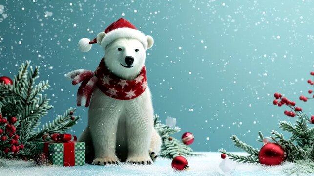 a festive wallpaper featuring cute bear dressed in Santa hats and scarves, christmas decoration tree. seamless looping time-lapse virtual 4k video animation background