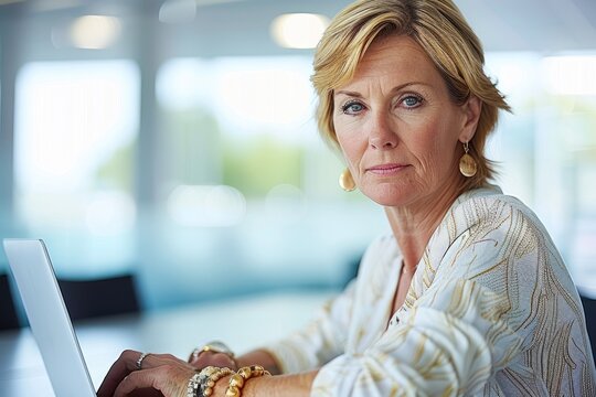 Attractive mature businesswoman working on laptop at workstation.