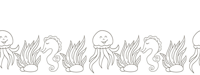 Marine seamless border. Monochrome fairy-tale drawing
