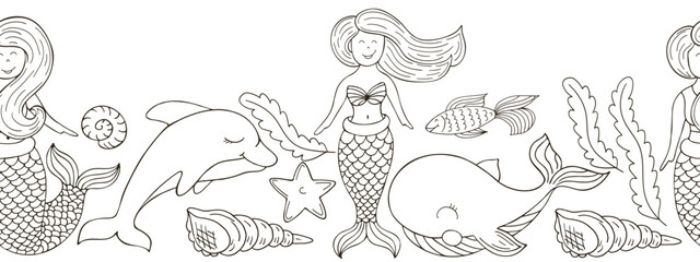 Marine seamless border. Monochrome fairy-tale drawing
