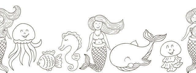 Marine seamless border. Monochrome fairy-tale drawing