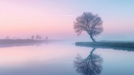 Fototapeta premium A Single Tree Silhouetted Against a Misty Sunrise Over a Still Lake