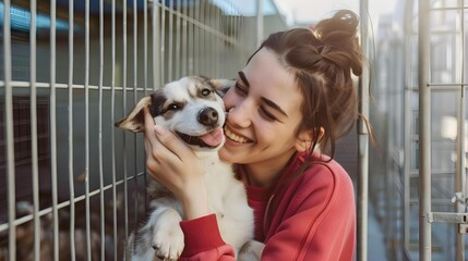 Cheerful volunteer with dog in shelter