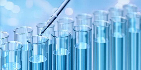 Test tubes filled with blue liquid. A pipette is dispensing a droplet. Scientific chemistry research, analysis. Laboratory setting, medicine development, biotechnology, pharmaceutical, medical lab, 3D